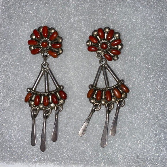 Vintage Zuni Red Coral Petit Point Post Chandelier Earrings Signed Bill & Lou - Picture 2 of 10